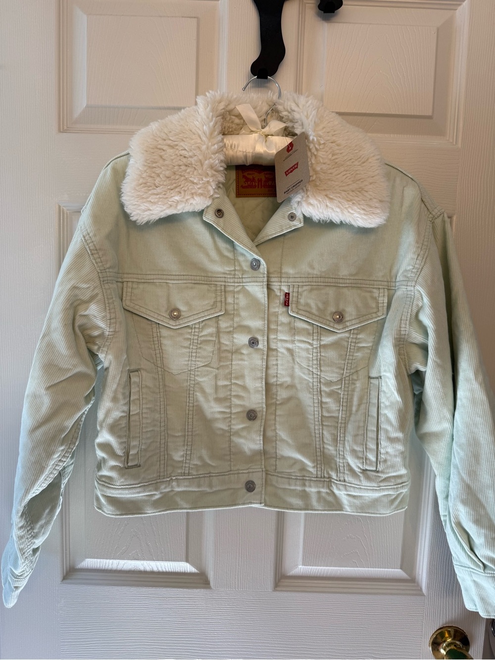 NWT Levi's Women's Light Mint Sherpa Collar Cropped Trucker Jacket Size XS